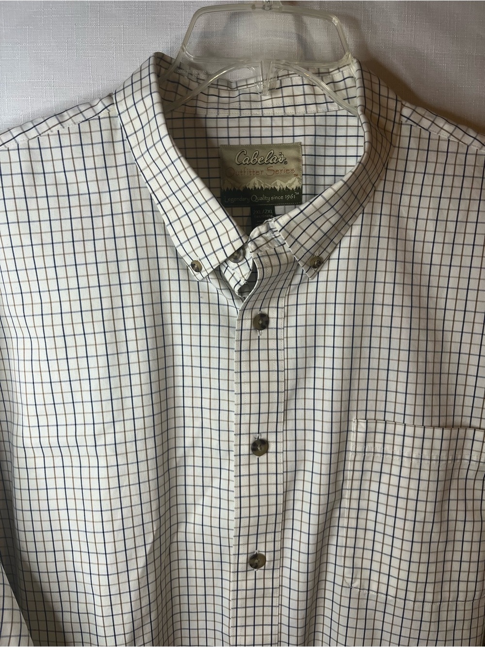 Cabela's Men's White Button-Down Shirt with Navy Grid